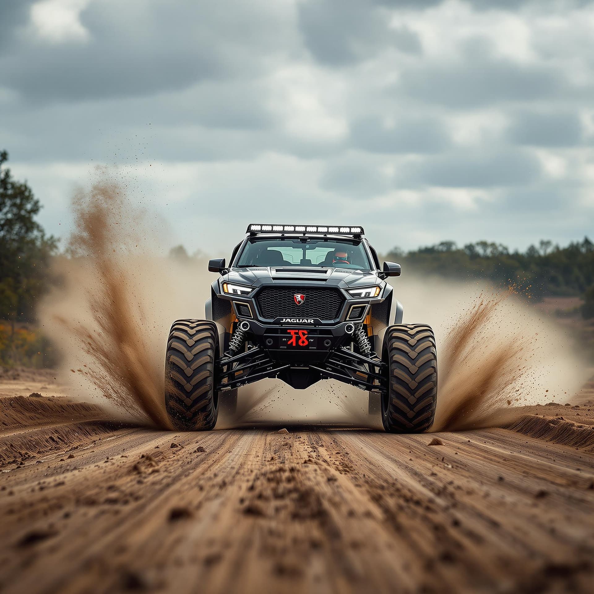 AI generated: photography, sports shooting, dynamic range, dynamic motion with jaguar ftype 4x4 Monster Truck driv...