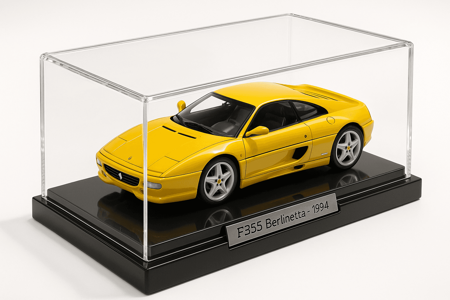 AI generated: Hyper-realistic isometric view of a scale model of a yellow Ferrari F355 Berlinetta (1994), placed i...