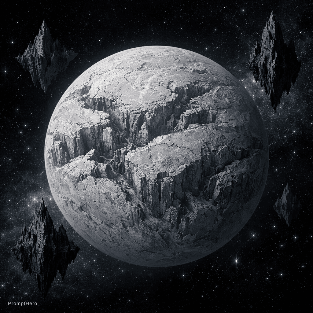 AI generated: a light grey planet with lots of deep canyons scattered all over its surface as well as tall black m...