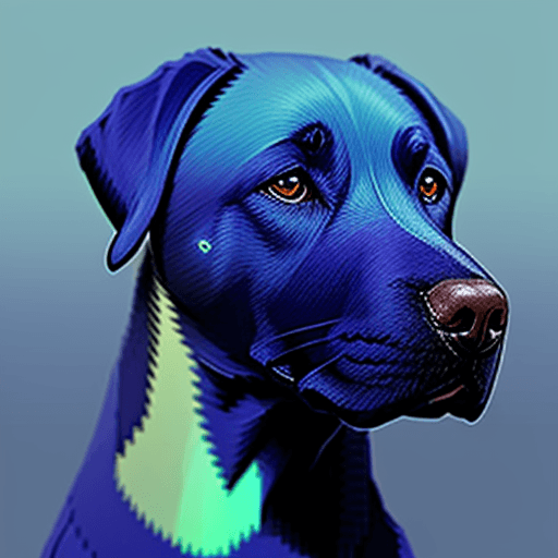 AI generated: A pixelated portrait of a Labrador dog's head in a blue gradient, in a robo-style.