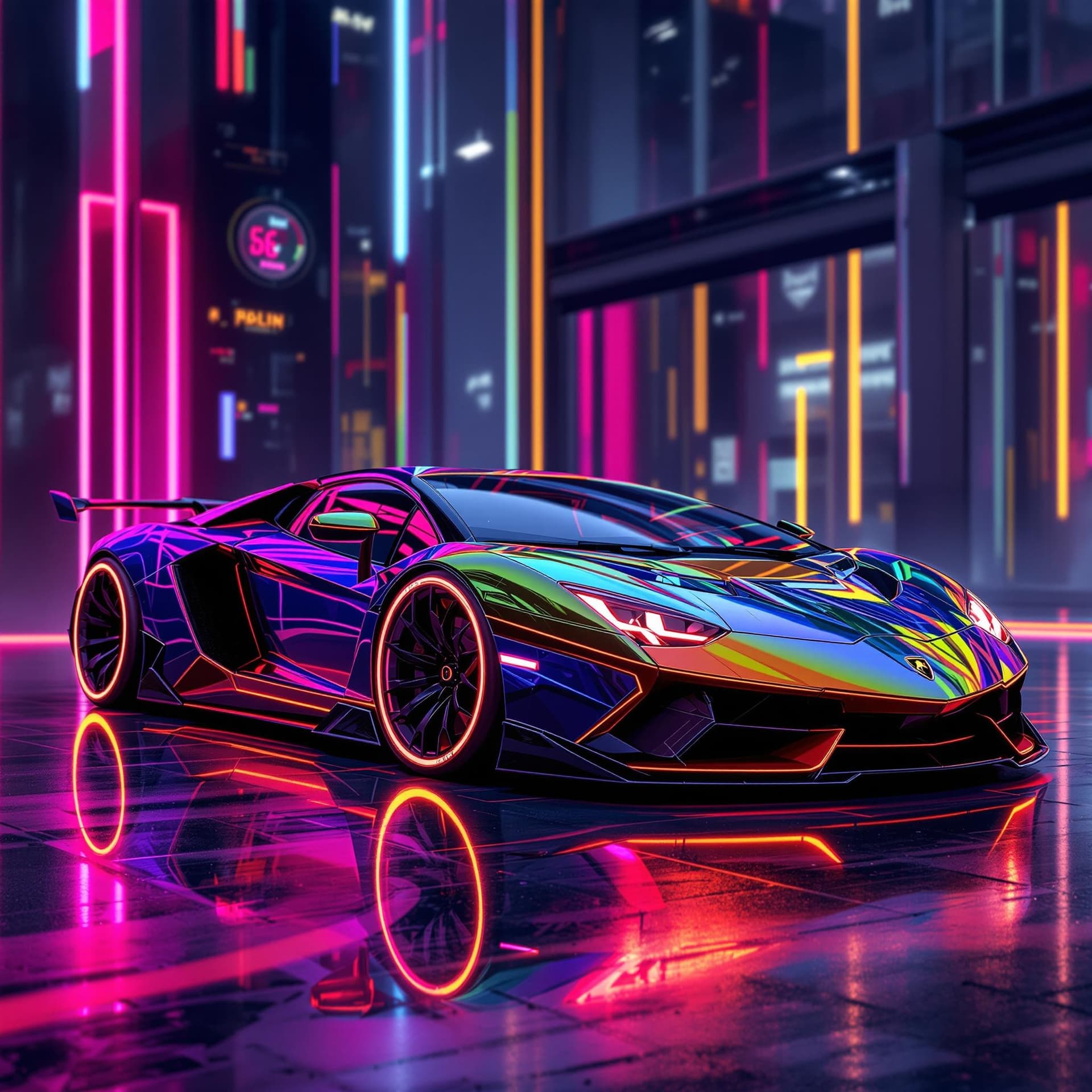 AI generated: futuristic lamborghini styled sports car with vibrant colors and neon rims. cinematic, hyper realism...