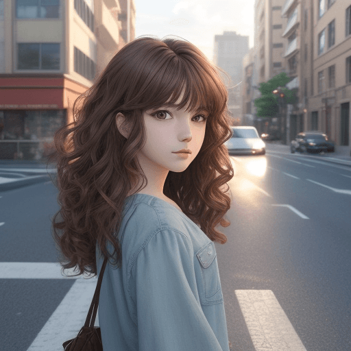 AI generated: perfect anime quality, beautiful scenery in background, 20 years old, perfect face, wavy hair, curta...