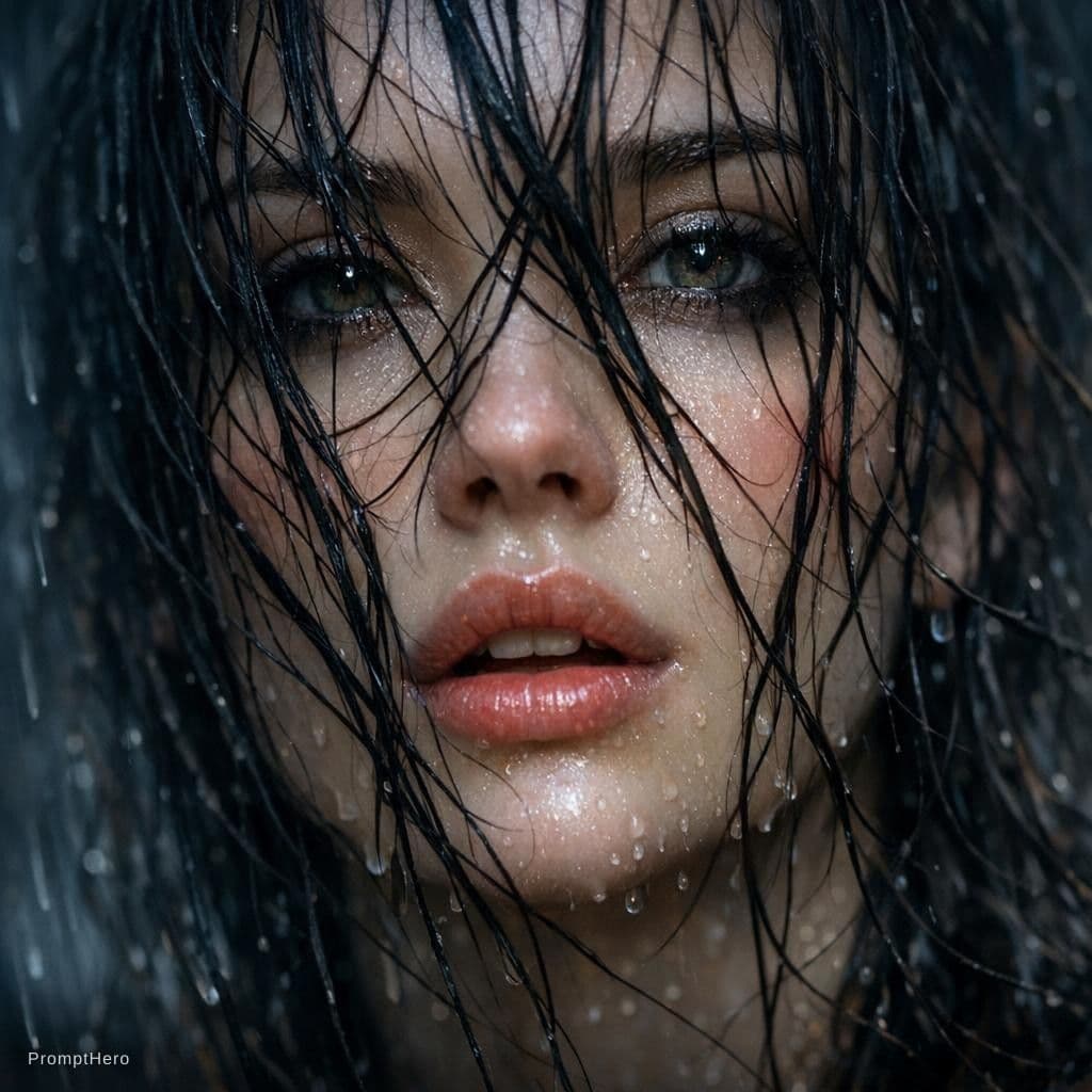 AI generated: create an image of Rain-kissed strands of hair fall like tangled ink across her face. The camera dar...