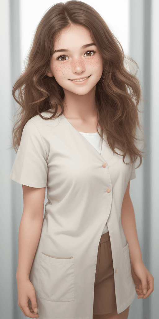 AI generated: [Three-quarter close-up: :12], [Innocent face, plain brown wavy hair, (fair skin: 1.2), freckles on ...