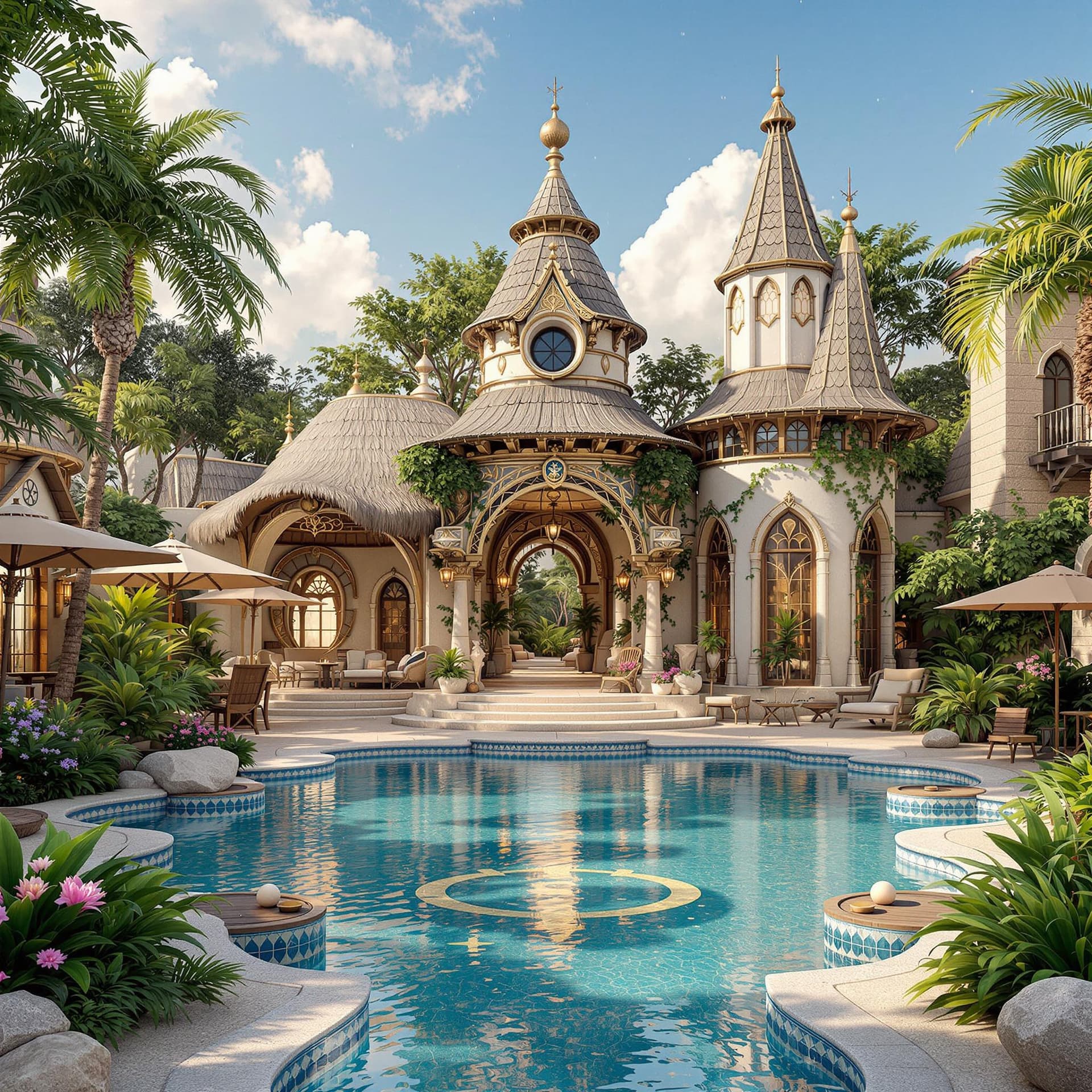 AI generated: Stylized beach side cabana, magical fairy land, medieval fantasy decor, intricate artwork . octane r...