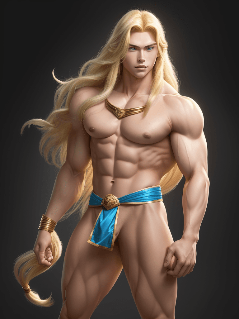 AI generated: Hyoga, blonde complexion, big muscles and big thighs, blonde mid-long hair, in his twenties, He wear...