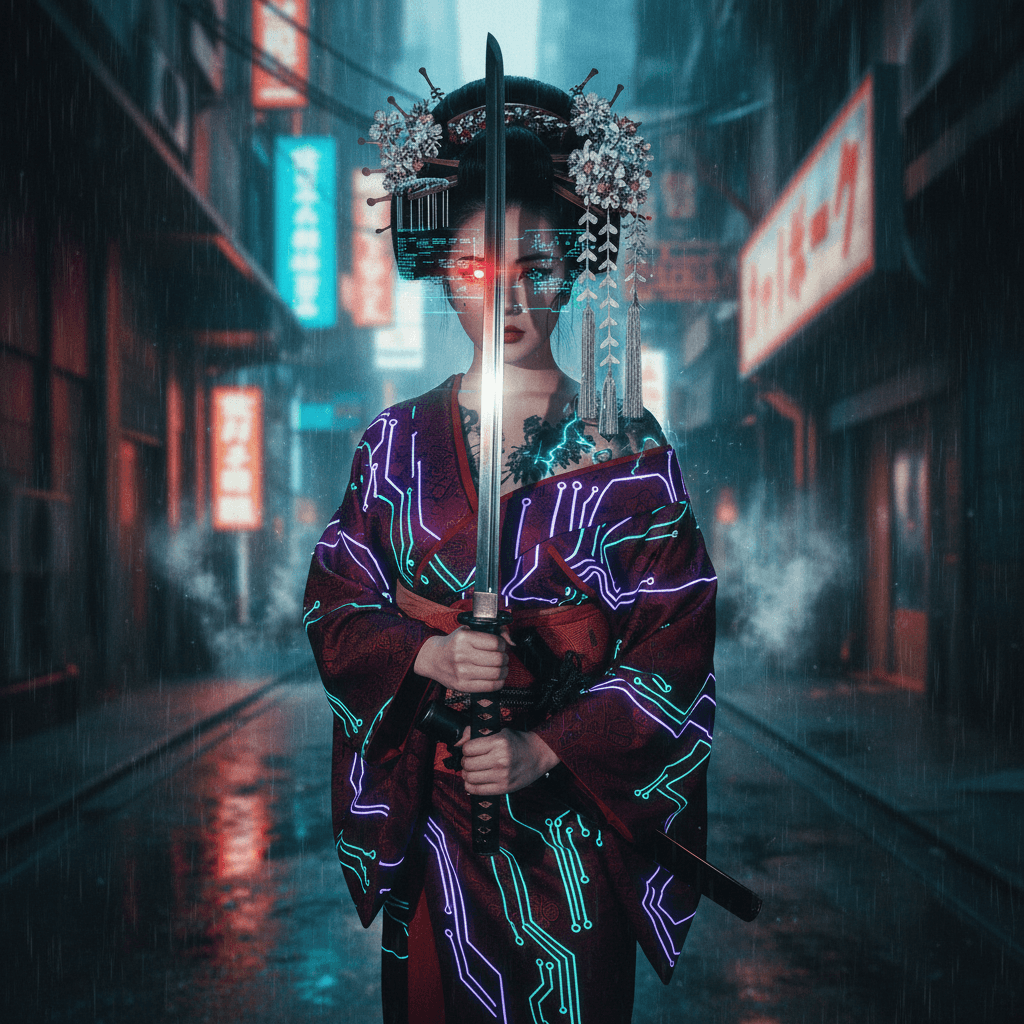 AI generated: Rebellious cyberpunk geisha with tattoos yielding a katana, vintage, medium close up, photorealistic...