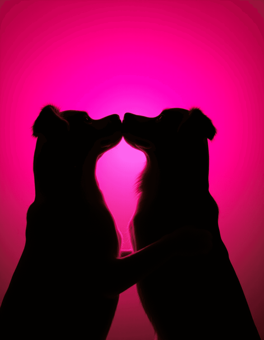 AI generated: Photography, Profile Silhouette, key-light highlighting the edges, of two dogs of different breeds h...