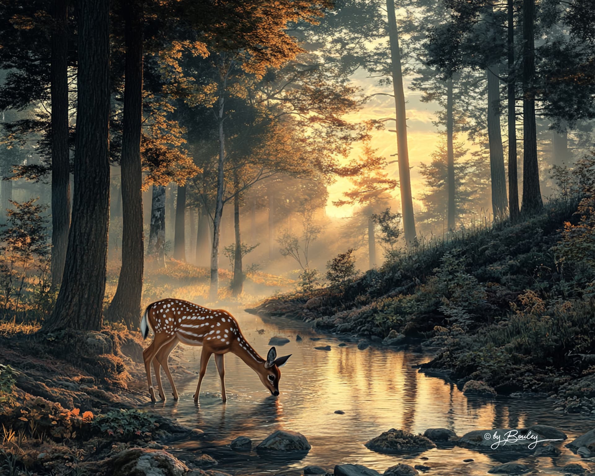 AI generated: In the style of Muxia works, many tree species beside a forest brook. There is a beautiful fawn drin...