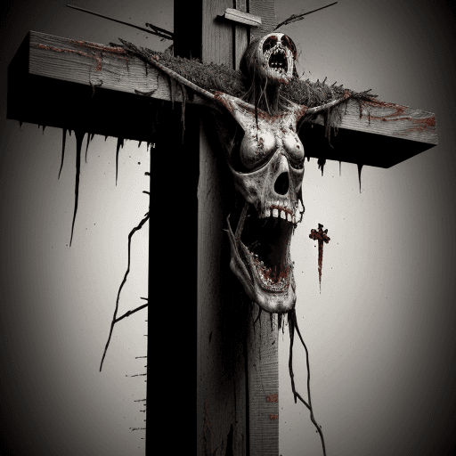 AI generated: rotting corpse hung on a cross, screaming in agony, high resolution, 8k