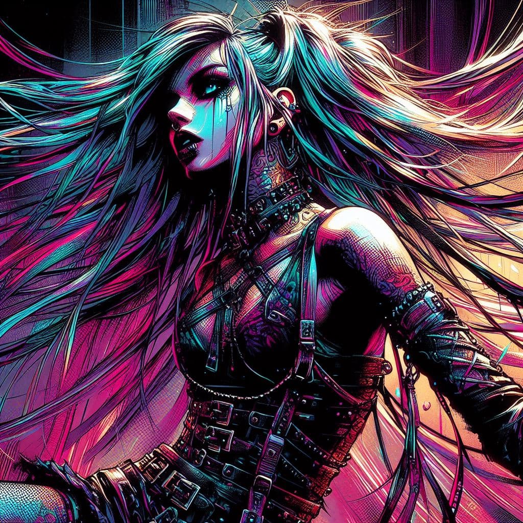 AI generated: aesthetic, painterly style, modern ink, gothic girl dancing, very tight clothes, very colorful pictu...