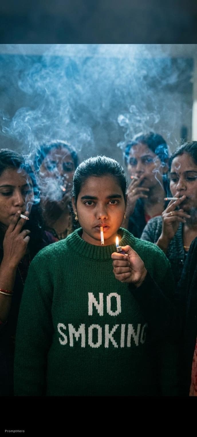 AI generated: photo of a pertty female with cigarette in her mouth,wearing knitted sweater with text "NO SMOKING"....