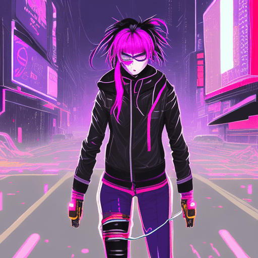 AI generated: digital illustration art,neon glow pen and marker,cyberpunk anime girl,long mix purple black tied ha...