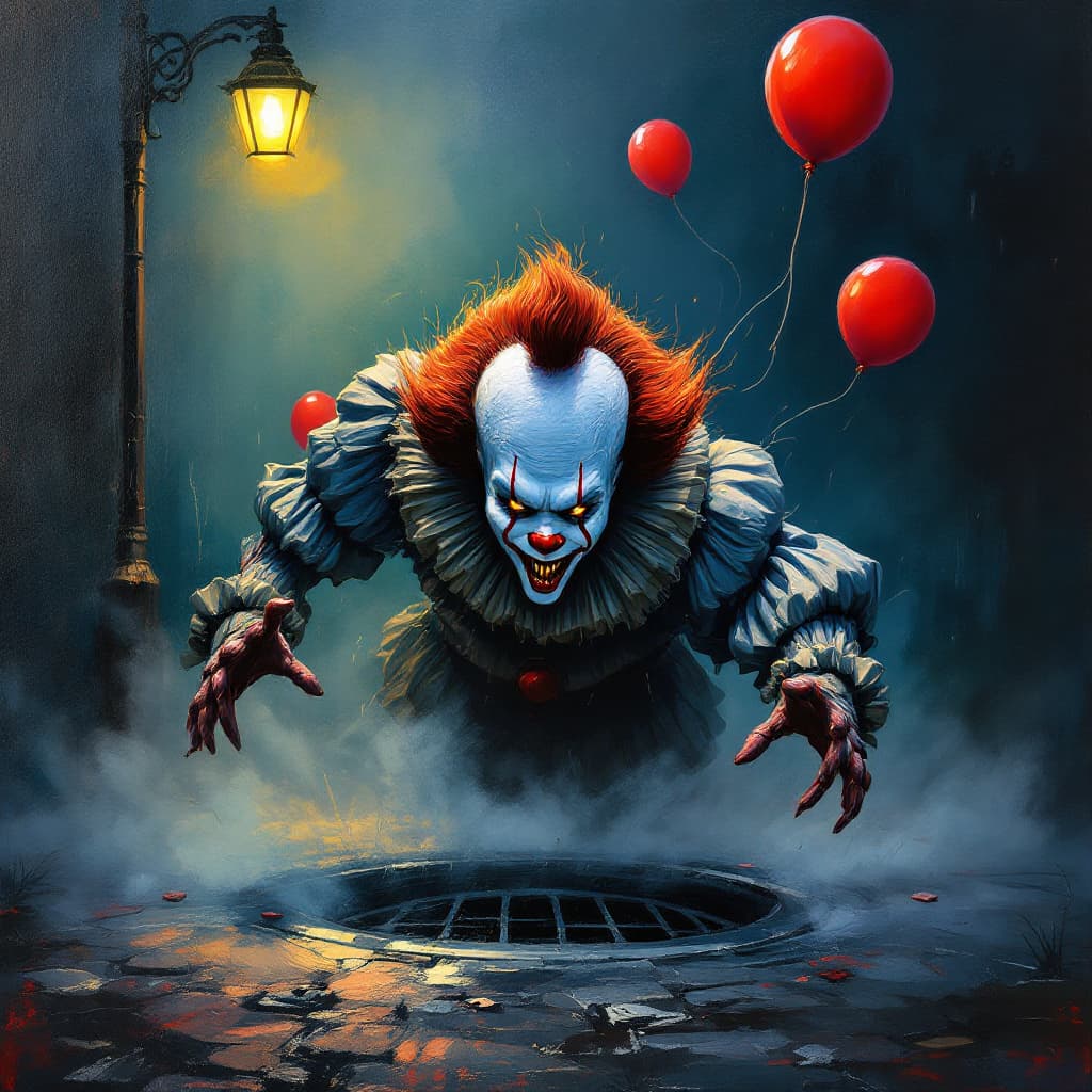 AI generated: Impasto oil painting of Pennywise the Clown emerges from the storm drain, his sharp teeth glinting u...