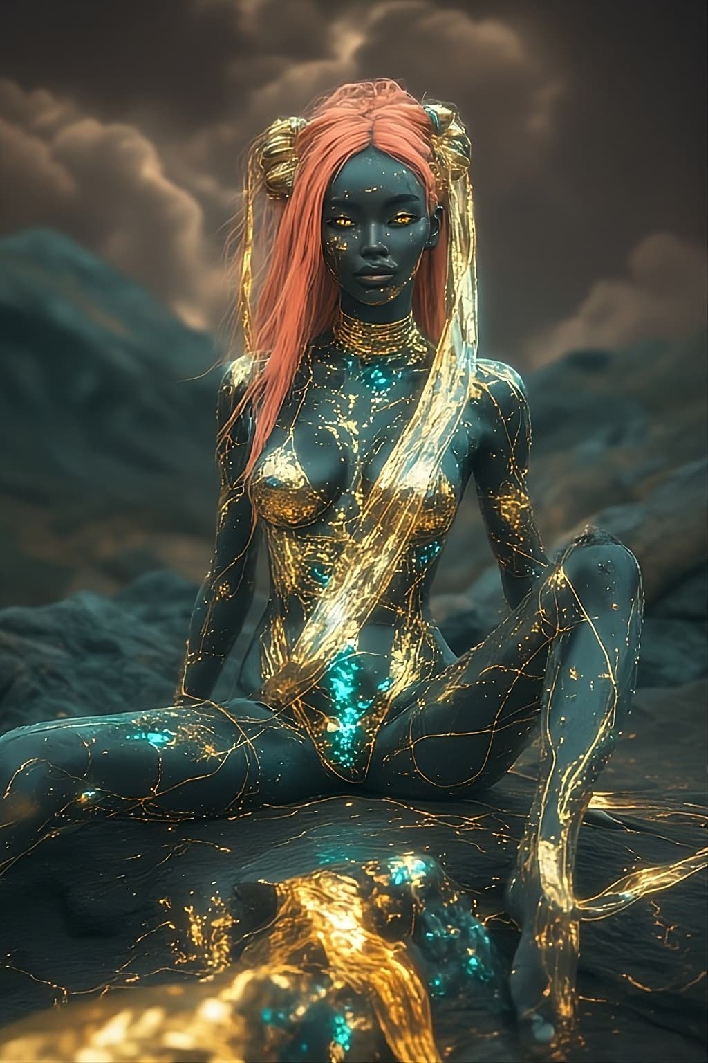 AI generated: a cosmic goddess sitting in a landscape with a stormy sky. Her skin is dark obsidian with gold filig...