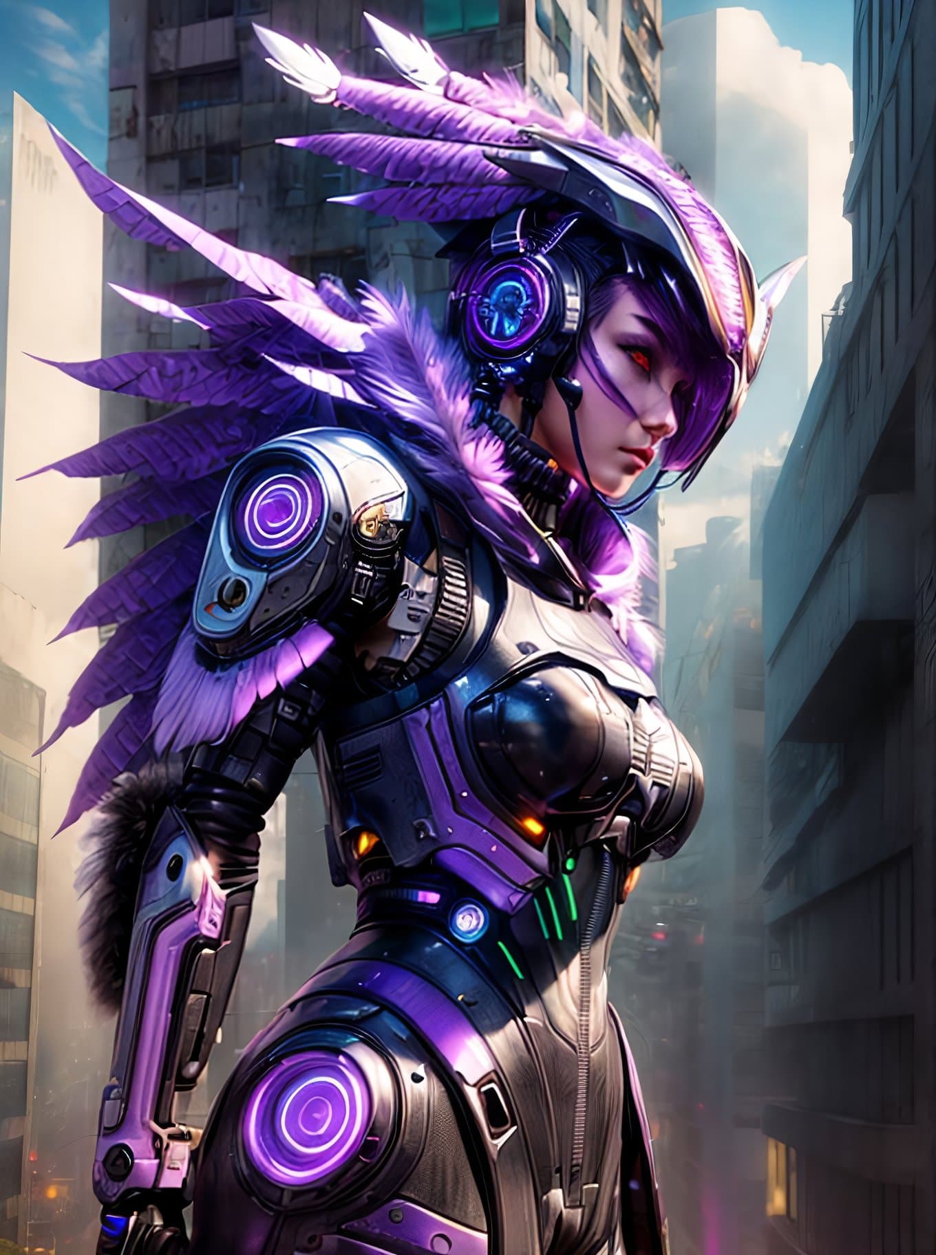 AI generated: Cybernetic owl person leaning against a building, nvinkpunk style, (owl head), large head, feathers,...