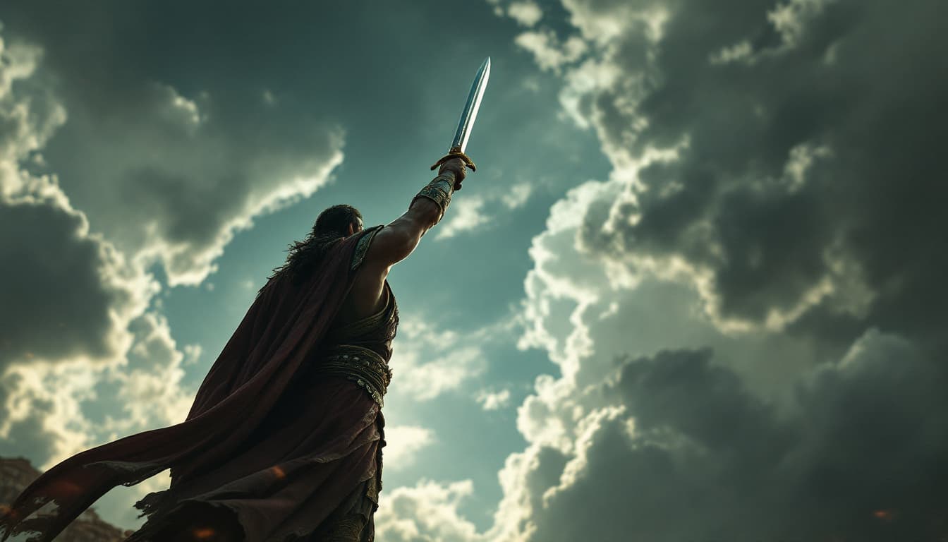 AI generated: Ultra-realistic.	Low-angle shot of Ario raising his sword, dark clouds looming in the sky. [Ario: bo...