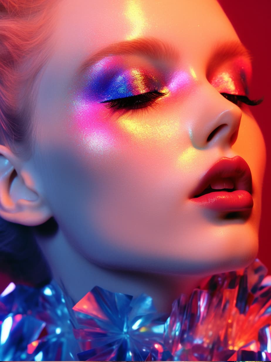 AI generated: a close up of a woman's face with bright makeup, inspired by David LaChapelle, misty neon lights, me...