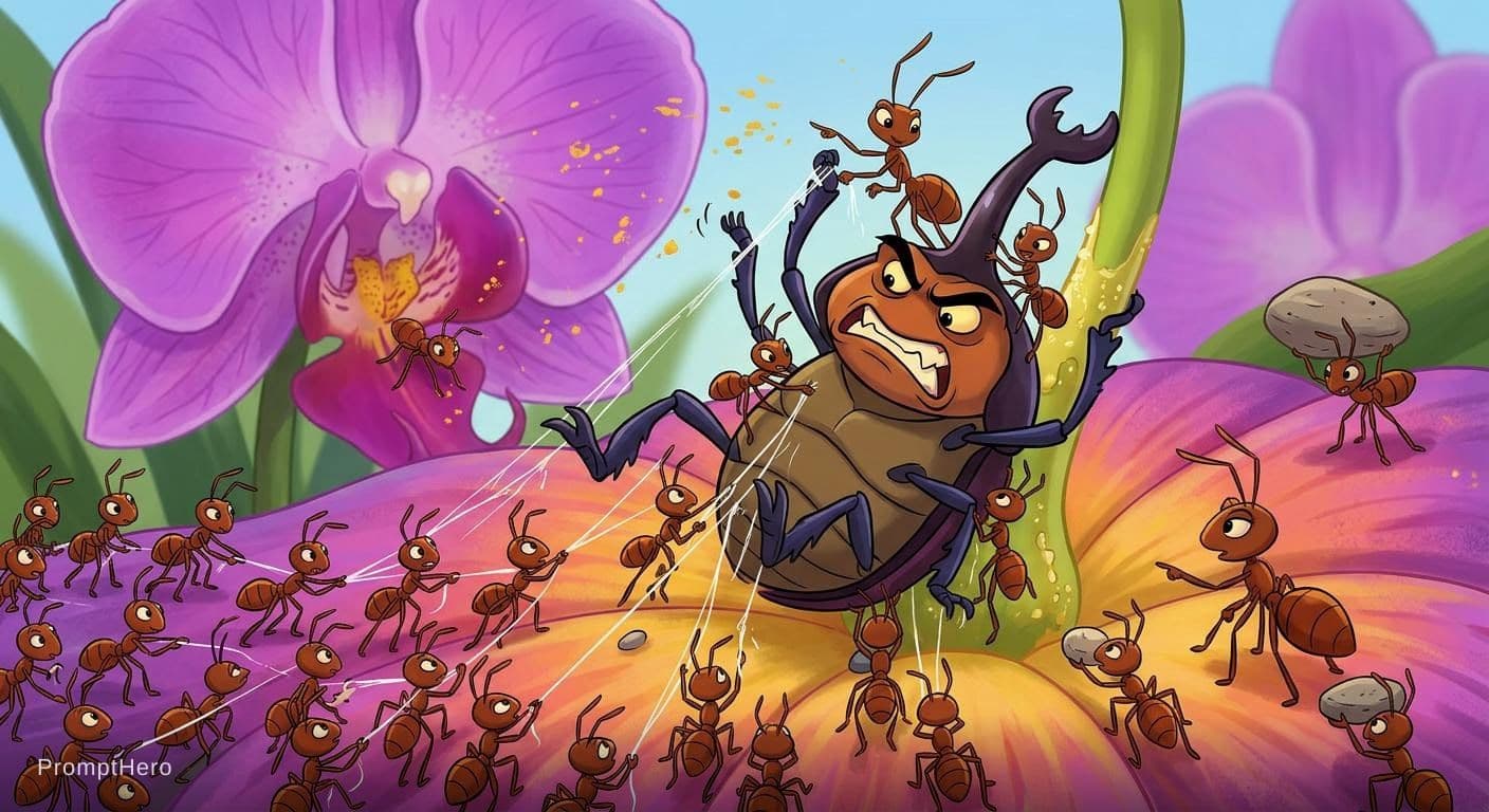 AI generated: An animation of several ants working together to defeat a giant villain in a flower.