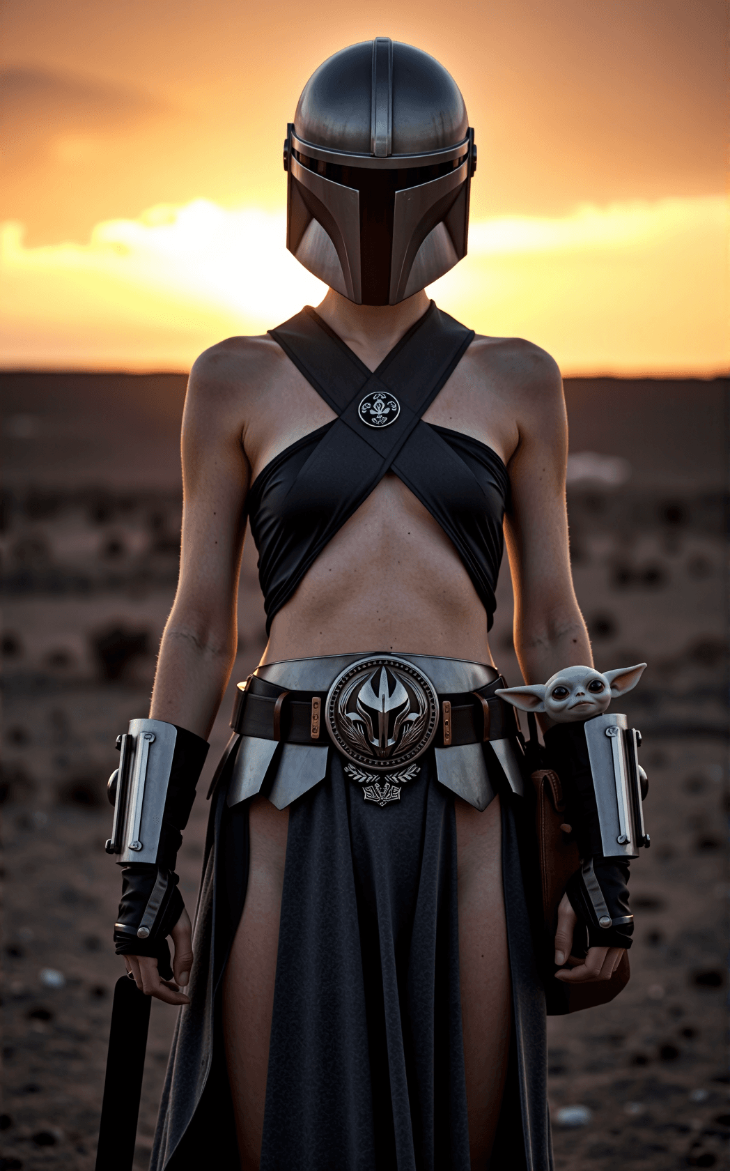 AI generated: Stoic and battle-hardened young woman with short dark hair beneath a beskar Mandalorian helmet pushe...