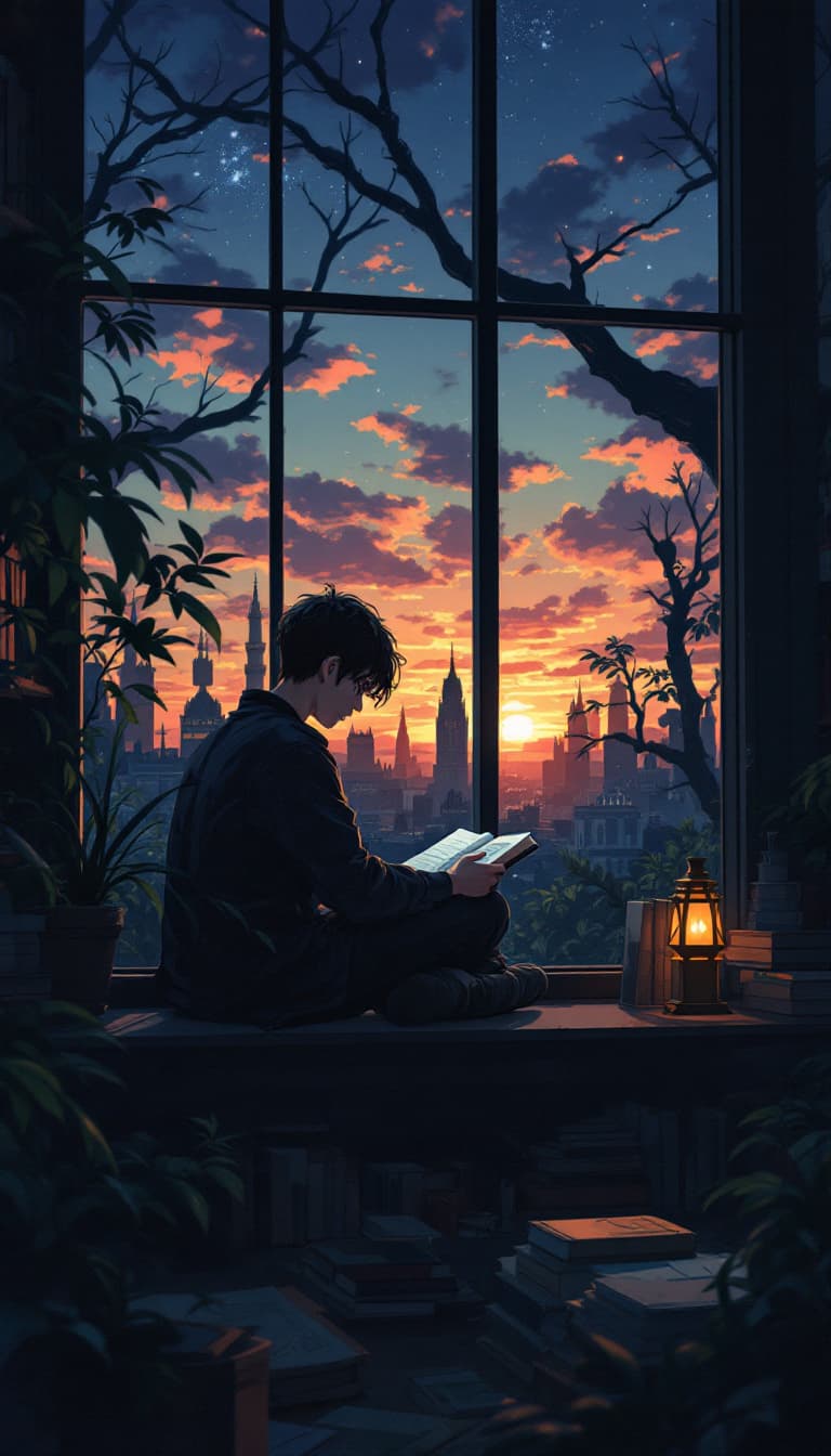 AI generated: anime, boy, introvert, library, academia, dark academia, sunset, reading book, infj