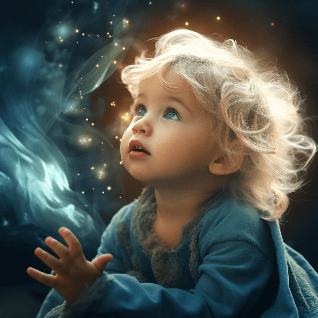 AI generated: fairy tale blond toddler with dazzling light, in the style of photorealistic fantasies, interstellar...