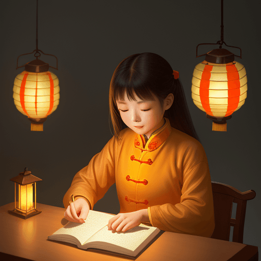 AI generated: chinese illustration of a girl reading a book on a table with lantern, in the style of light beige a...
