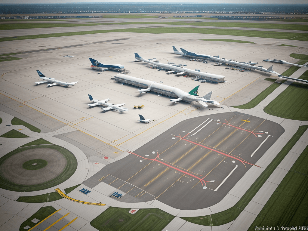 AI generated: The image presents an aerial view of an airport, captured as if taken by a drone. From this perspect...