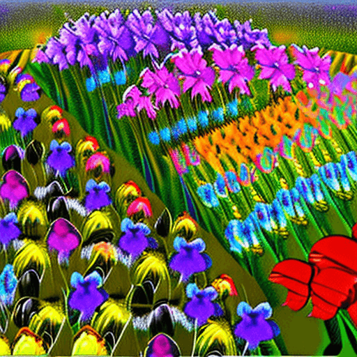 AI generated: butterflies in a field of rainbow colored flowers and purple grass