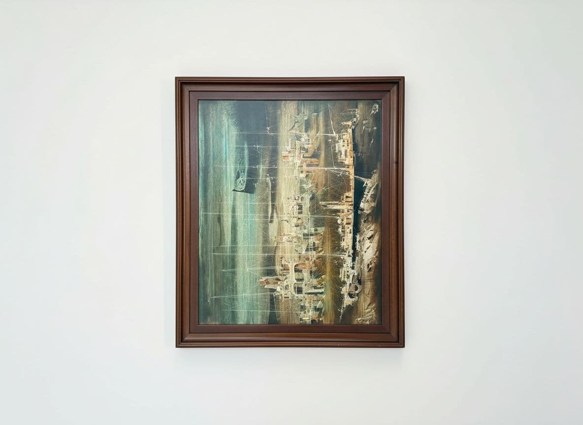 AI generated: make this painting be the center of a close up, horizontal, studio photo in a whitewall gallery sett...