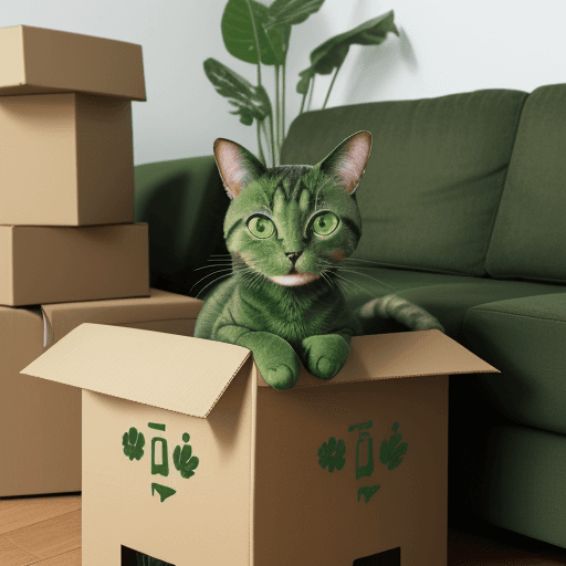 AI generated: A green cat with big eyes is sitting on a couch in an apartment holding a percent sign. There are bo...