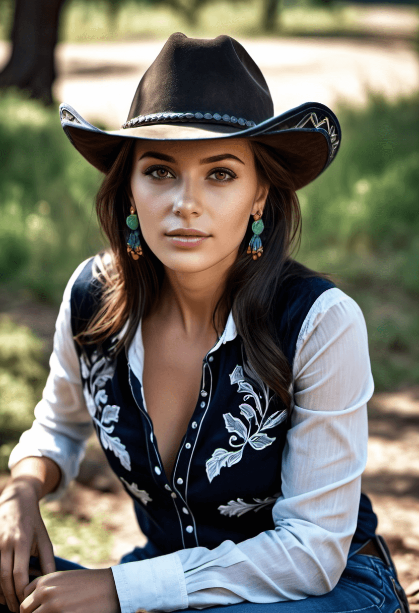 AI generated: HDR photo of happy beautiful woman in a cowboy hat looking thoughtful at the viewer, dark hair with ...