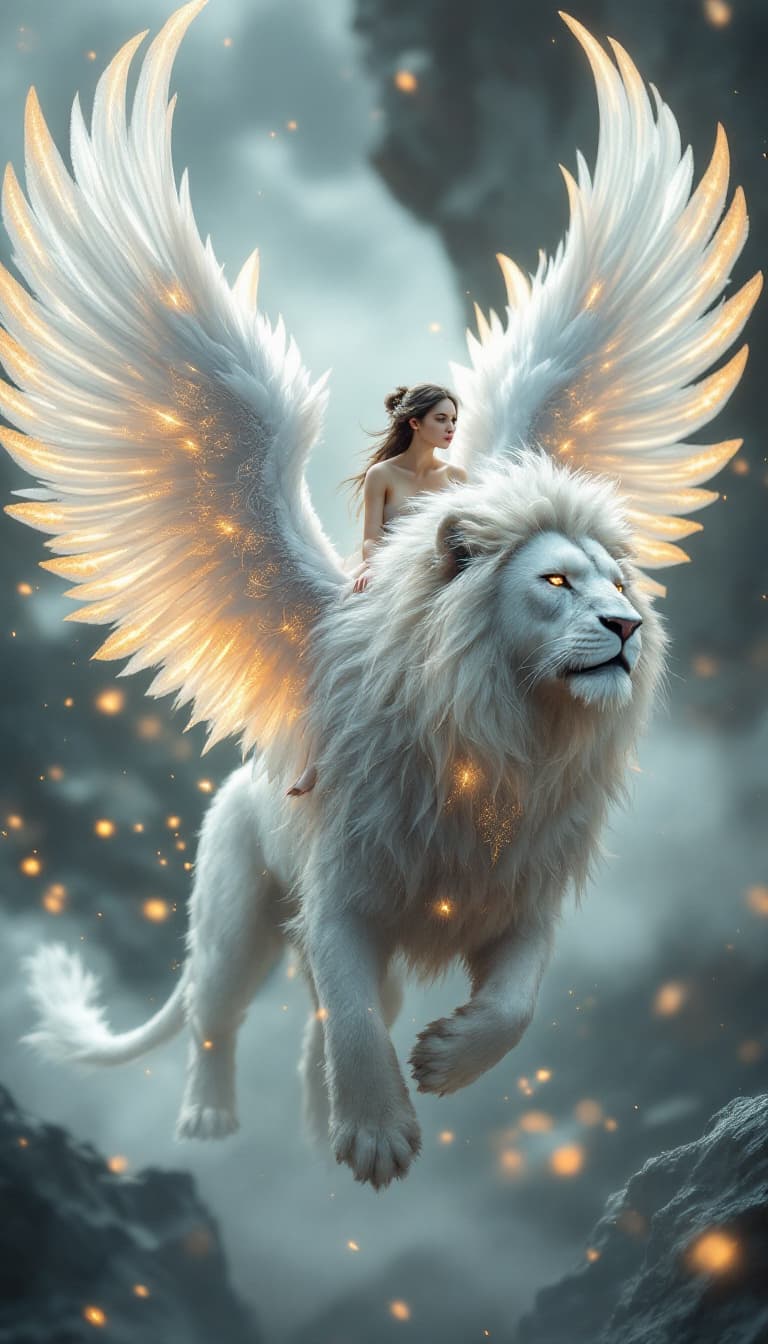 AI generated: A full body photo shot of an angelic mythical lion with outstretched feathery wings with glowing int...