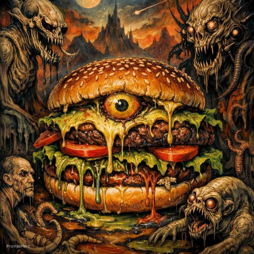 AI generated:  Hamburger in the style of luminous landscapes, detailed
character illustrations, nightmarish creatu...
