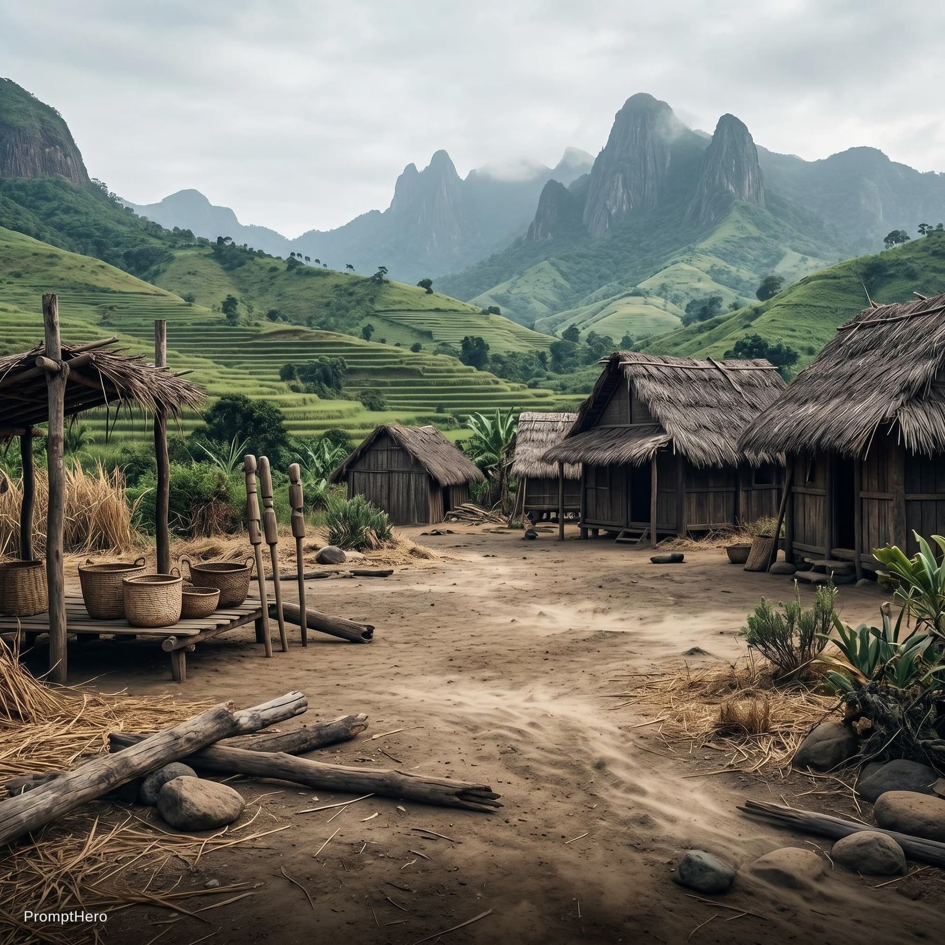 AI generated: Prompt: A wide-angle, ground-level eye-level shot of a rural Madagascar village clearing in 1838. Th...