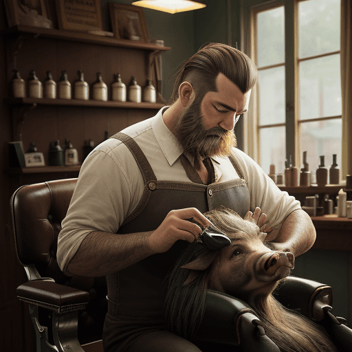 AI generated: A human barber trims the hair of a boar sitting in a chair with a book in his paws in a vintage barb...