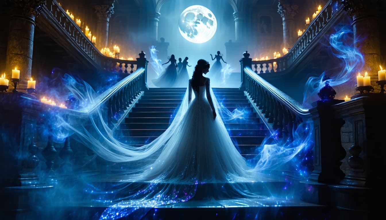 AI generated: A ghostly bride, her veil made of shimmering moonlight, materializes on a grand, decaying staircase ...