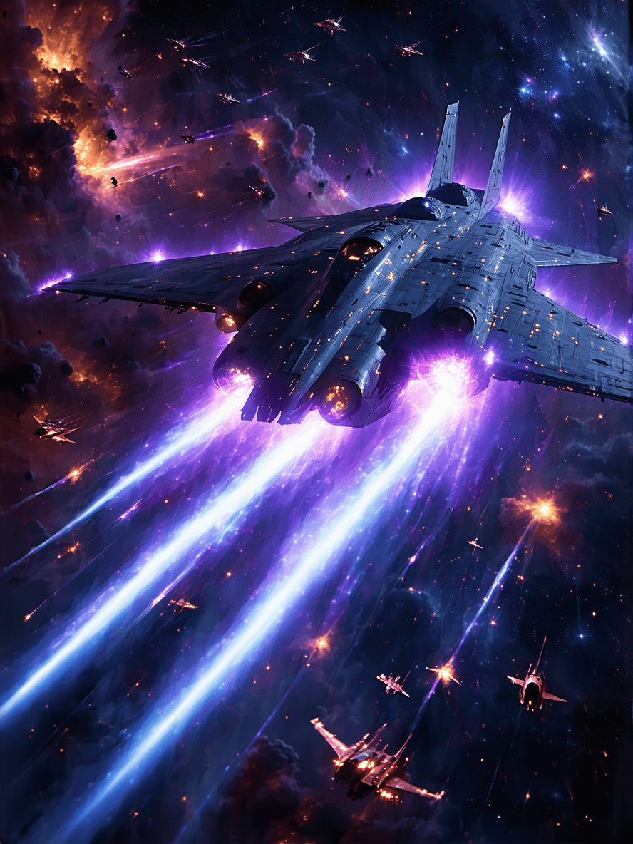 AI generated: A breathtaking **sci-fi battle scene** unfolds on a **colossal, war-torn space station** orbiting a ...