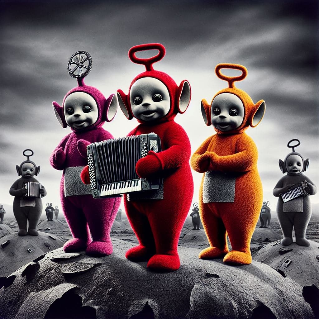 AI generated: Teletubbies making music, old TV show