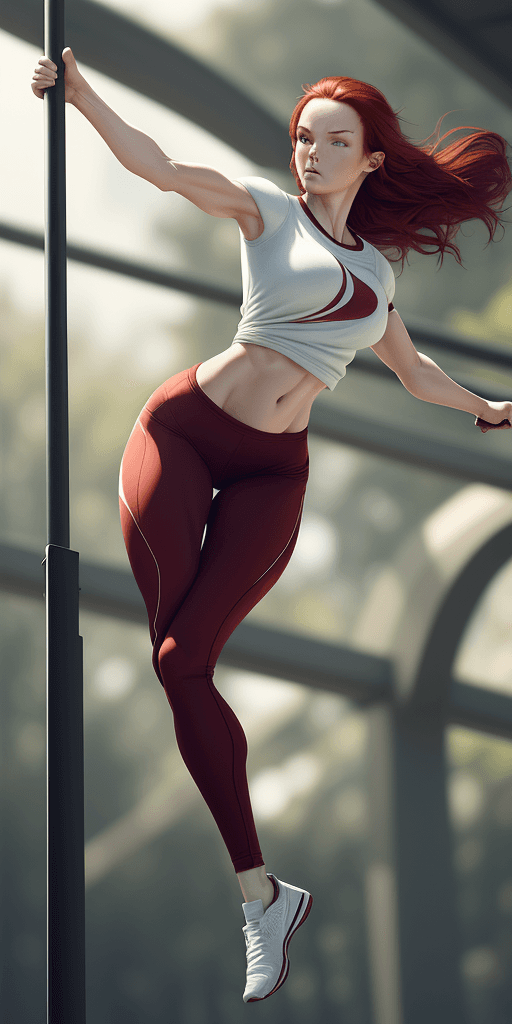 AI generated: professional athlete woman, fit, beautiful, slender, natural curves, attractive, dark red hair, ((fo...