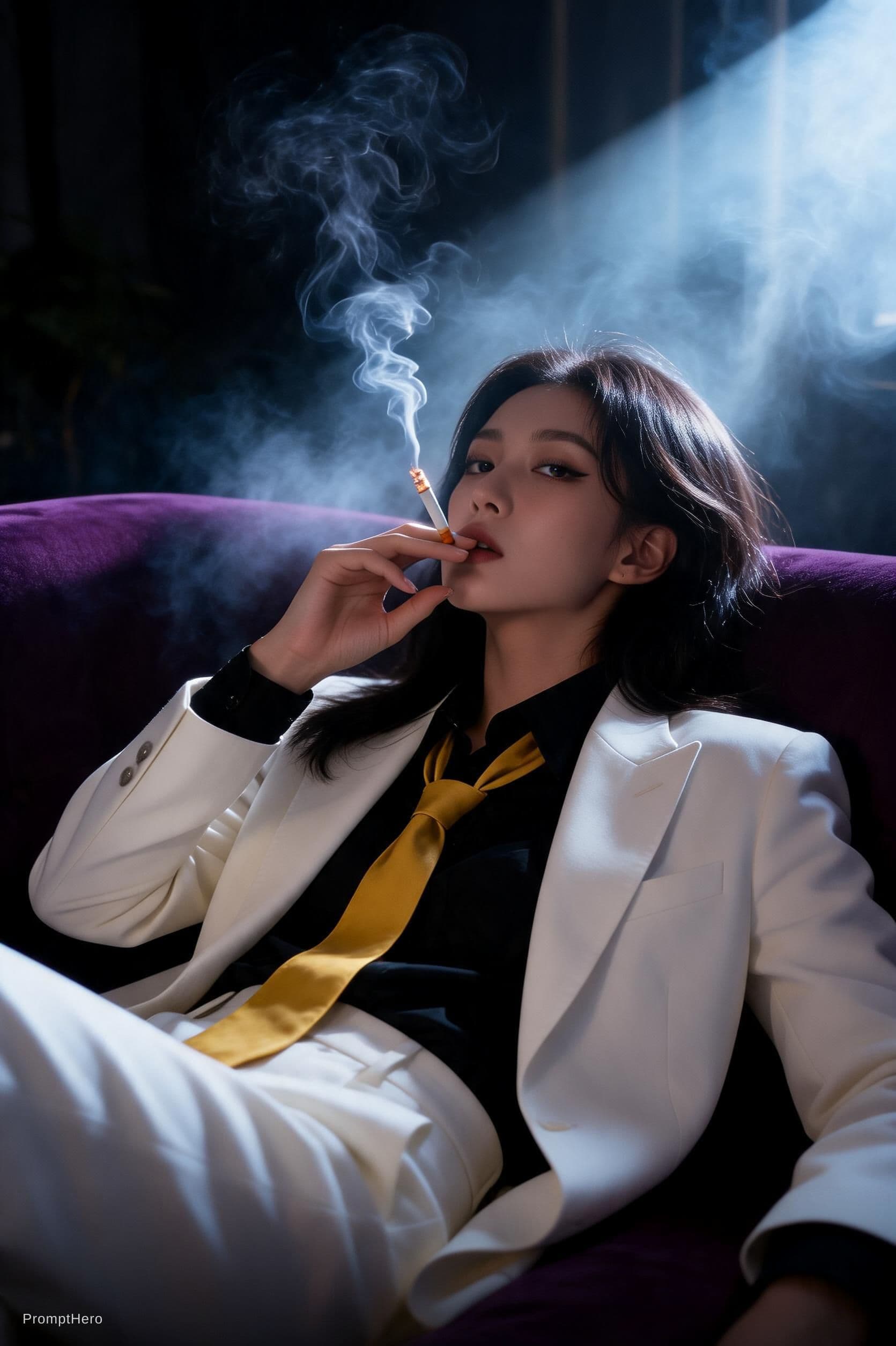 AI generated: snapshot, dimly lit room with a hazy atmosphere, capturing a female model lounging on a deep purple ...