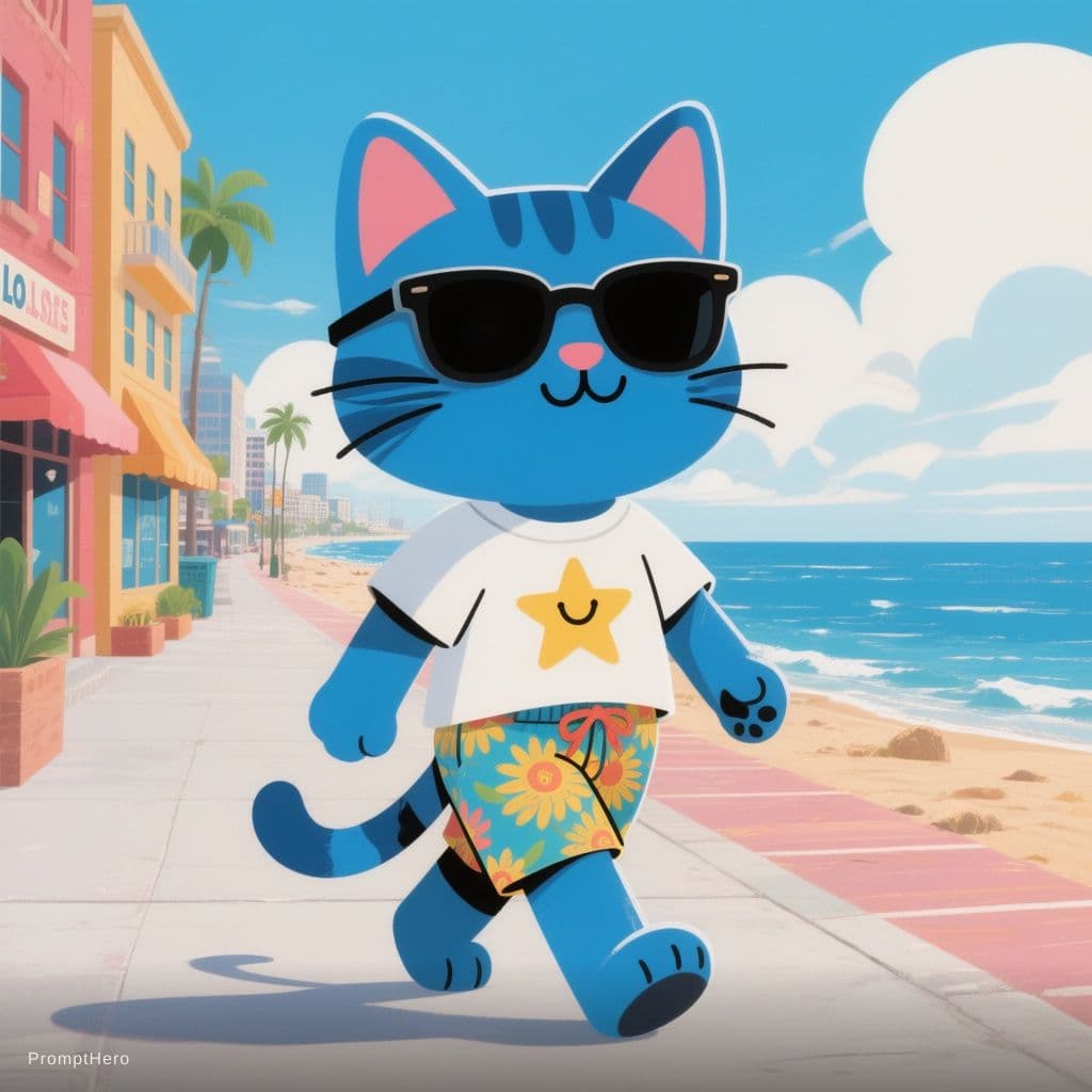 AI generated: Style 5: Cartoon Style

An anthropomorphic blue cat wearing sunglasses, beach shorts, and a T-shirt ...