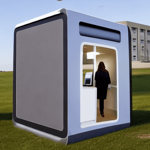 AI generated: stand alone office pod that fits 4 people and has a door and is enclosed
