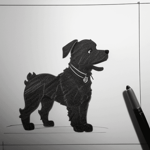 AI generated: monochrome sketch of a dog composed mainly of silhouettes of dog paw prints