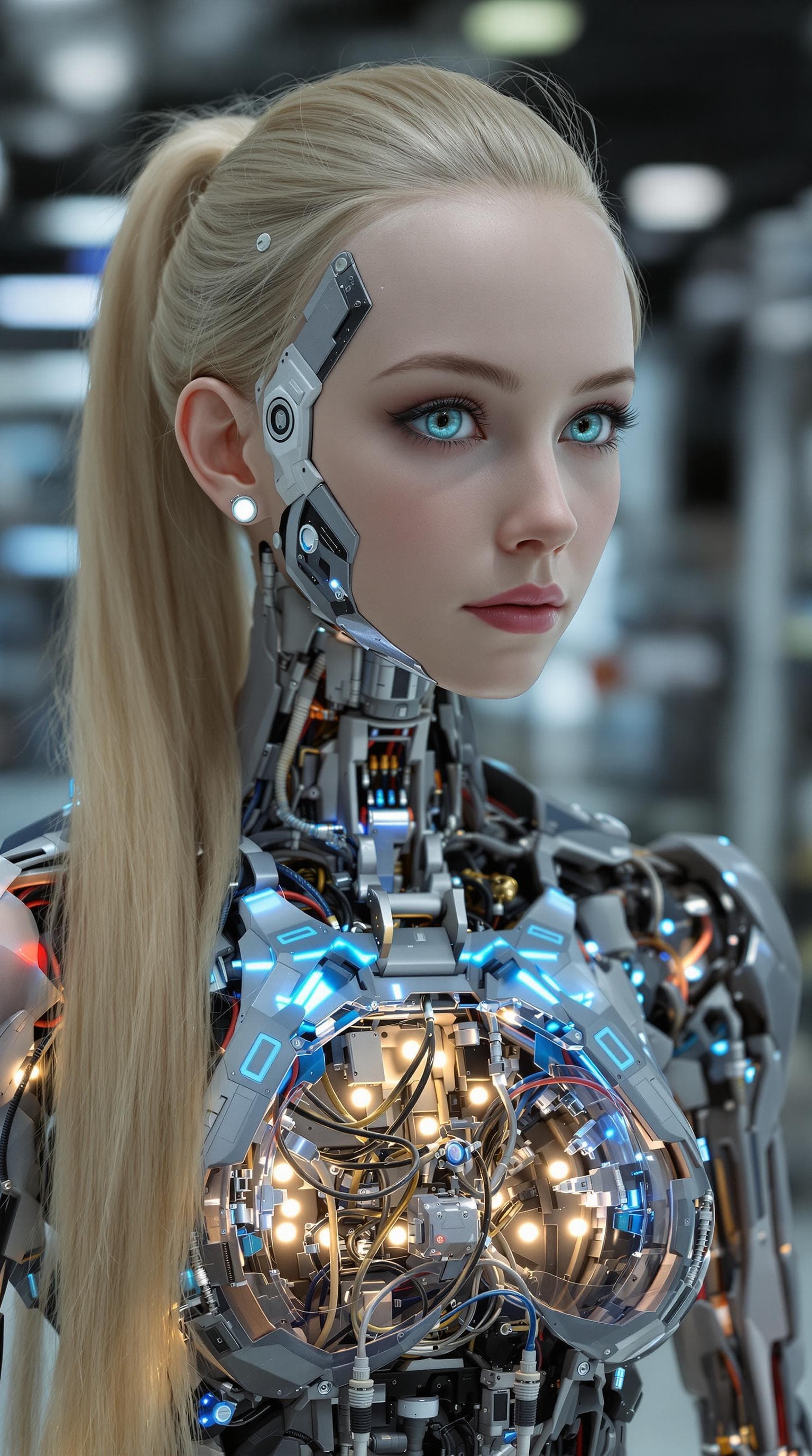 AI generated: exceptionally beautiful blonde hair blue eyed (age 13), artificial intelligence robot, (futuristic),...