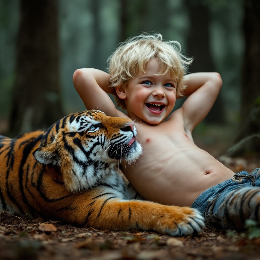 AI generated: A image of a blond little boy on forest ground with Blue eyes shirtless, laughing, laying on back, h...