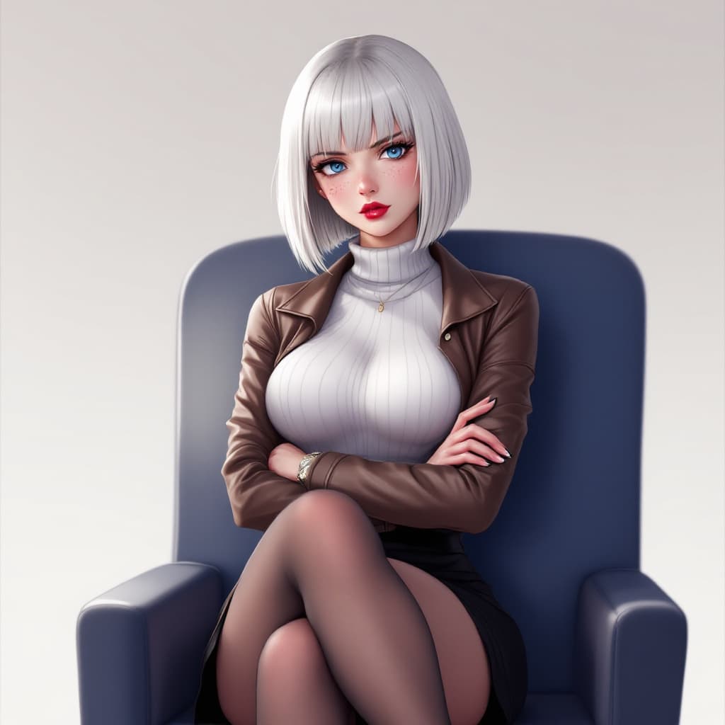 AI generated: anime, woman, white hair, bob cut, blue eyes, freckles, red lips, white turtle neck sweater, tight t...