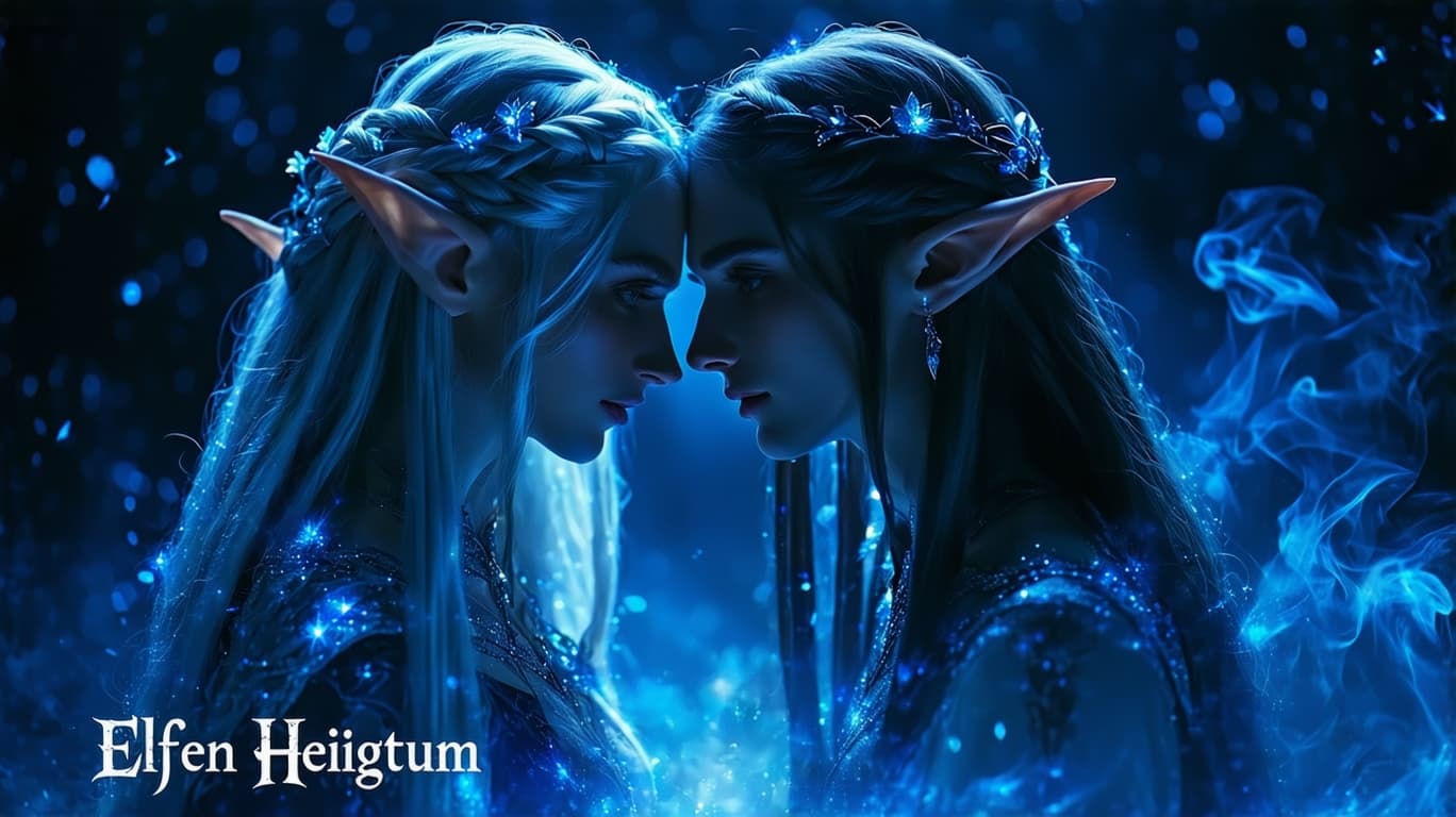 AI generated: A fantasy-themed digital artwork featuring two elf-like figures in an intimate moment against a dark...