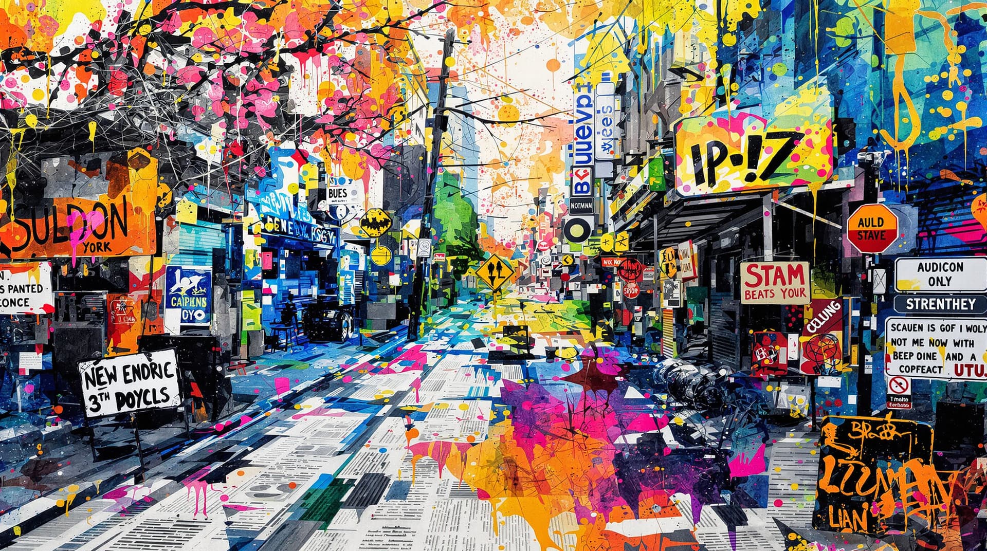 AI generated: A striking digital abstract artwork in Encaustic wax style, masterfully blending surreal urban fanta...