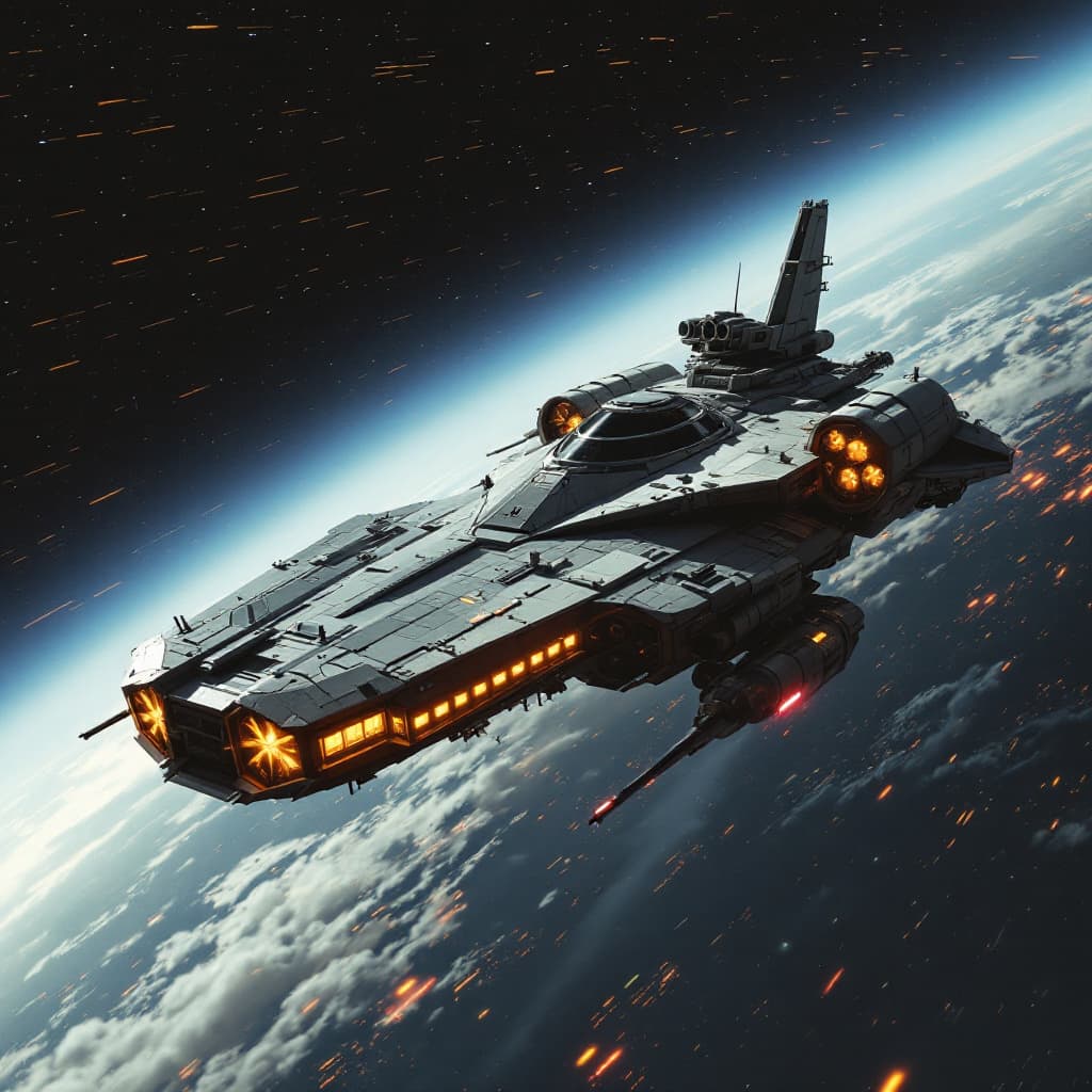 AI generated: show a spaceship in the style of star wars, worn and used taking off from mos eisley